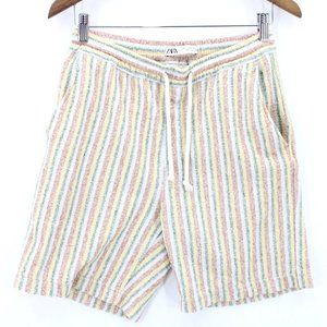 Zara Sweat Shorts Womens Beige Striped Wide  High Rise Shorts Size Medium M